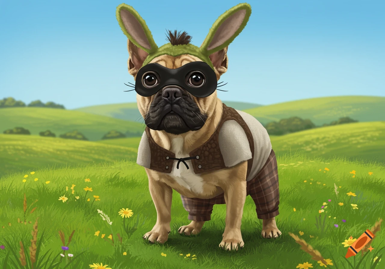 A fawn French bulldog dressed as Shrek with green ears and a black mask stands in a sunny green field.
