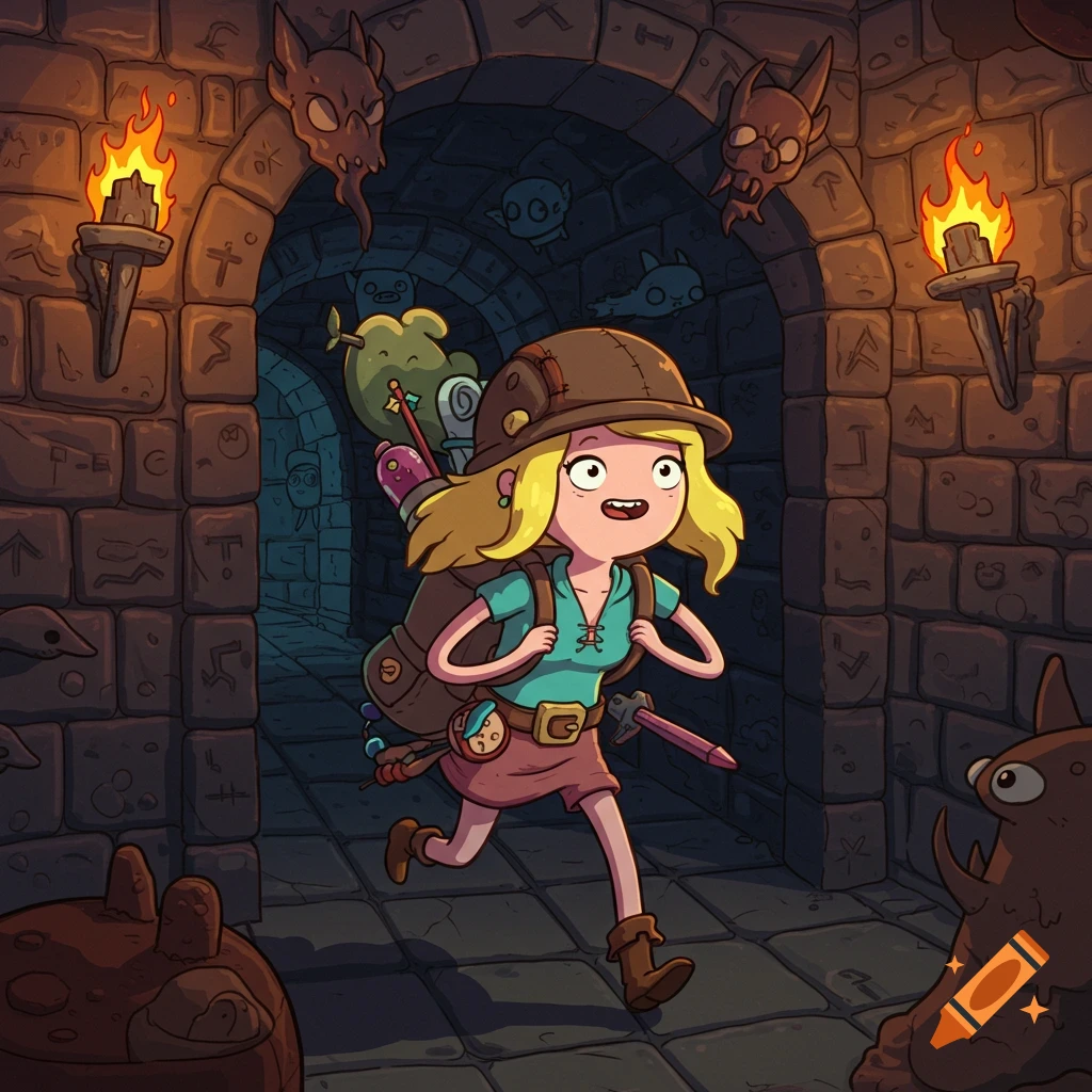 A blonde female adventurer in a helmet and backpack runs through a torchlit stone dungeon with carved runes, in Adventure Time style.