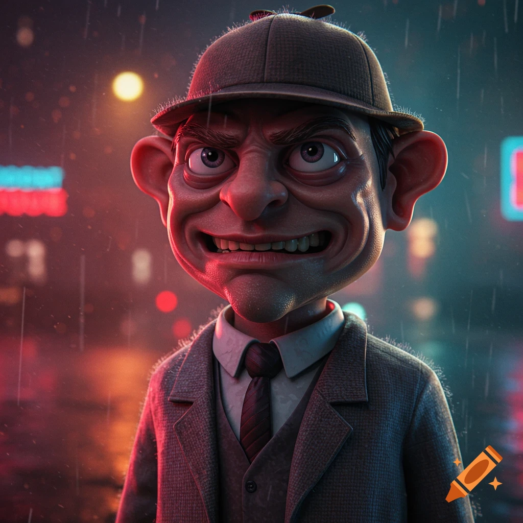 A stylized 3D render of a male character with exaggerated features, wearing a suit and a hat, standing in a rainy city street with neon lights.