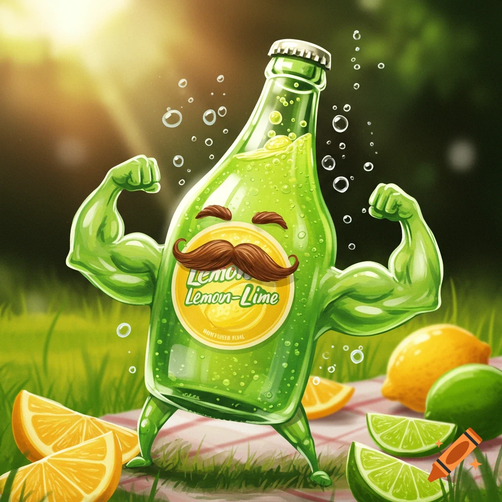 A cartoon lemon-lime soda bottle with muscular arms, legs, and a mustache poses outdoors with citrus fruits.