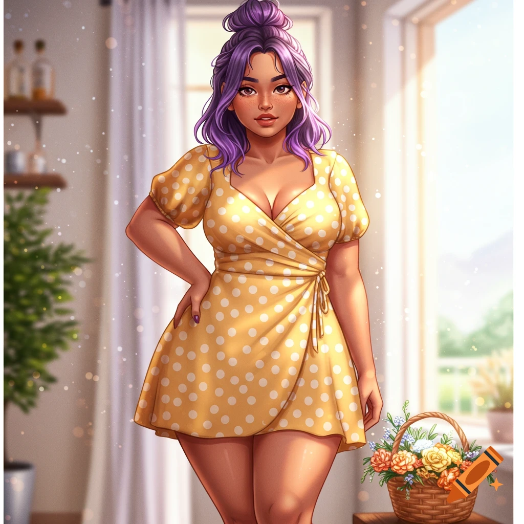An anime-style woman with purple hair in a yellow polka dot dress stands in a sunlit room with a basket of flowers.