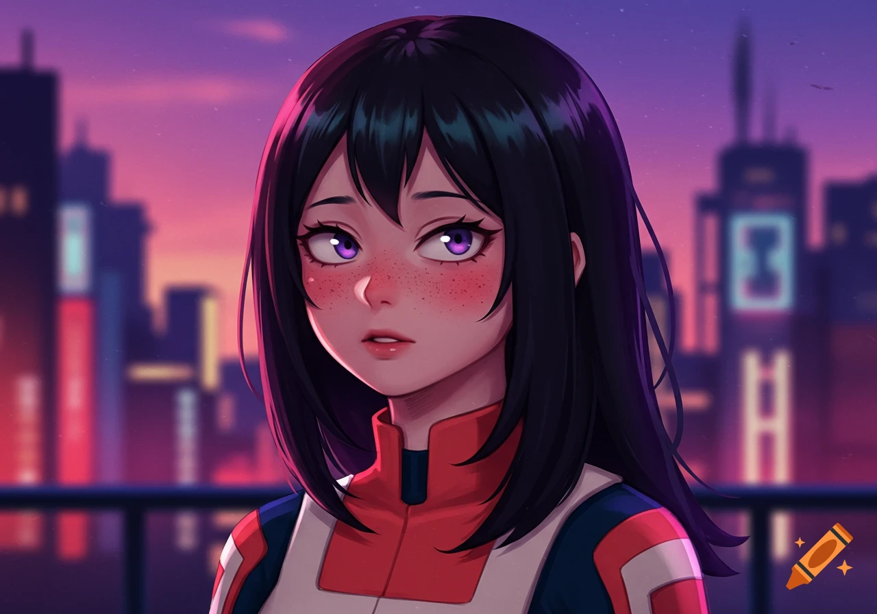 Anime-style portrait of a black-haired girl with purple eyes and freckles, wearing a hero outfit, standing on a city rooftop at sunset.