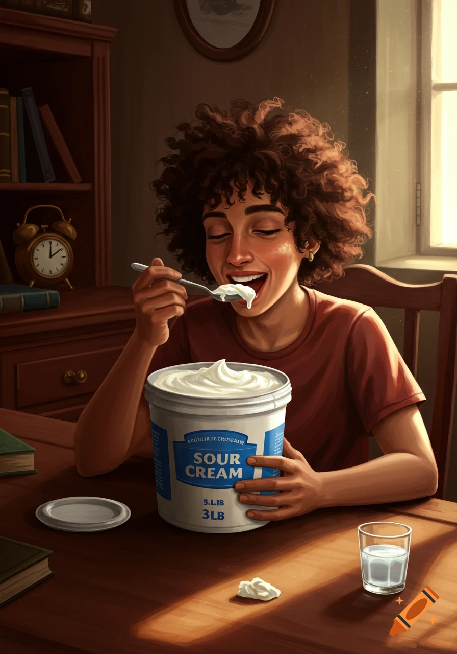 A person with curly hair smiles while eating sour cream from a 3lb container with a spoon at a wooden table, in an illustrative style.