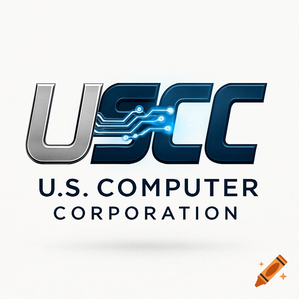 A logo for U.S. Computer Corporation, featuring a metallic silver 'U' and dark blue 'SCC' with an illuminated circuit design.