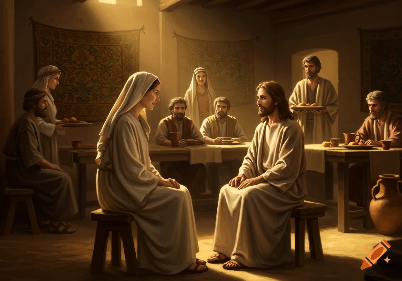 Jesus teaching Mary with Martha serving and other disciples present in a warmly lit, classical painting style interior.