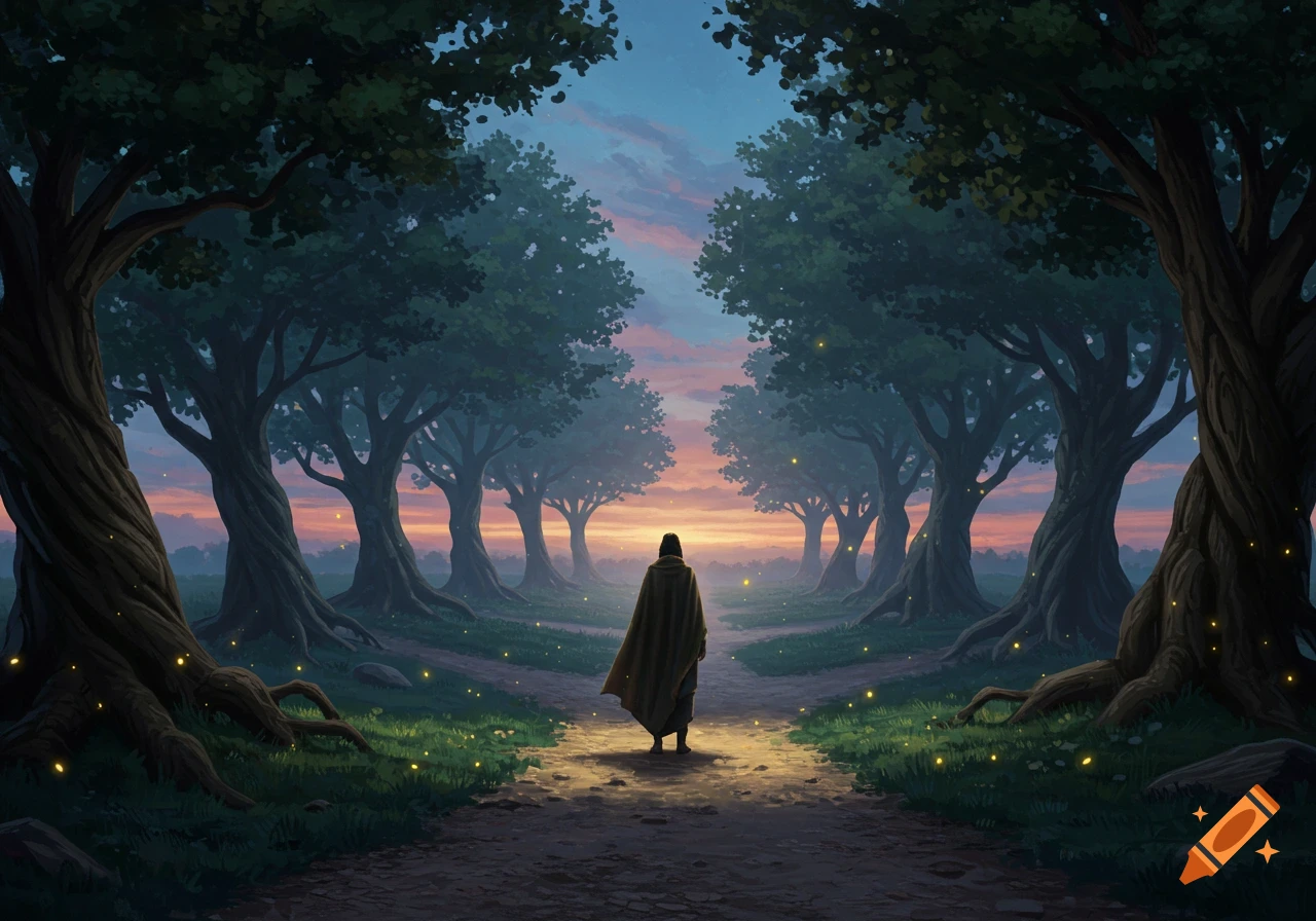 A cloaked figure stands at a fork in a magical forest path at sunset, surrounded by large, ancient trees and glowing fireflies.
