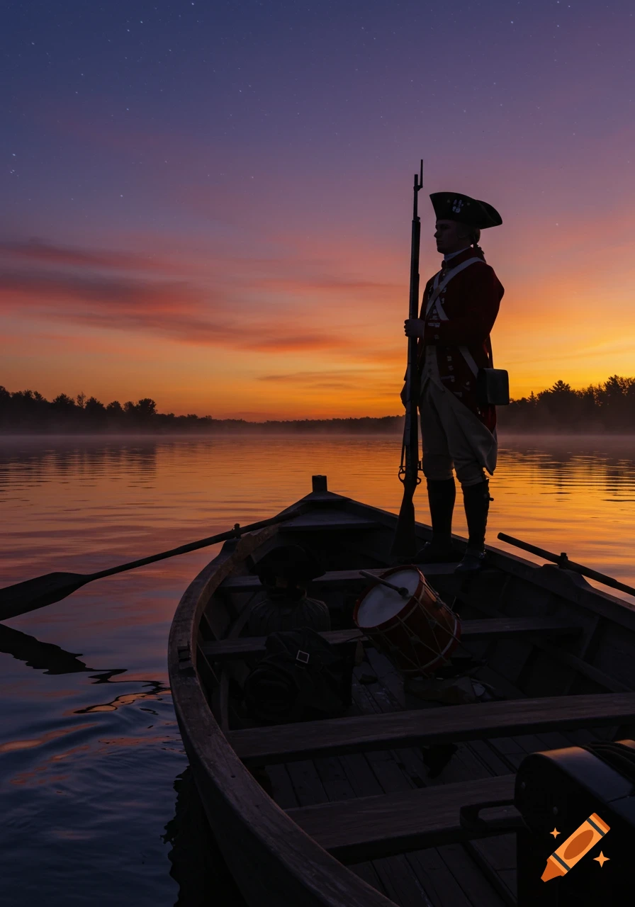 A silhouetted American Revolutionary War soldier stands in a boat on a misty lake during a vibrant sunset.