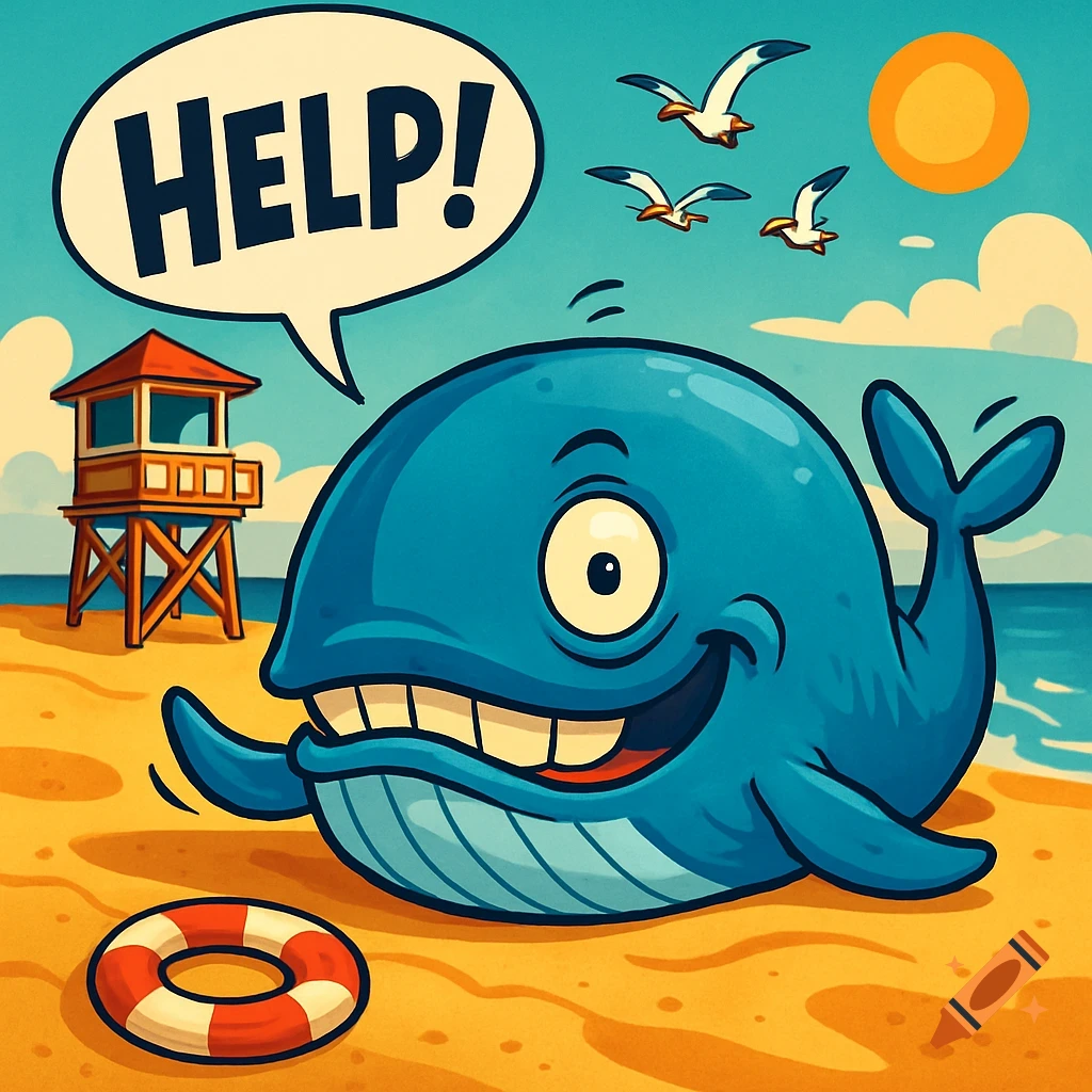 A cartoon blue whale with big eyes and a goofy grin lies on a sandy beach, with a speech bubble saying "HELP!". A lifeguard tower, seagulls, and a life preserver are visible.