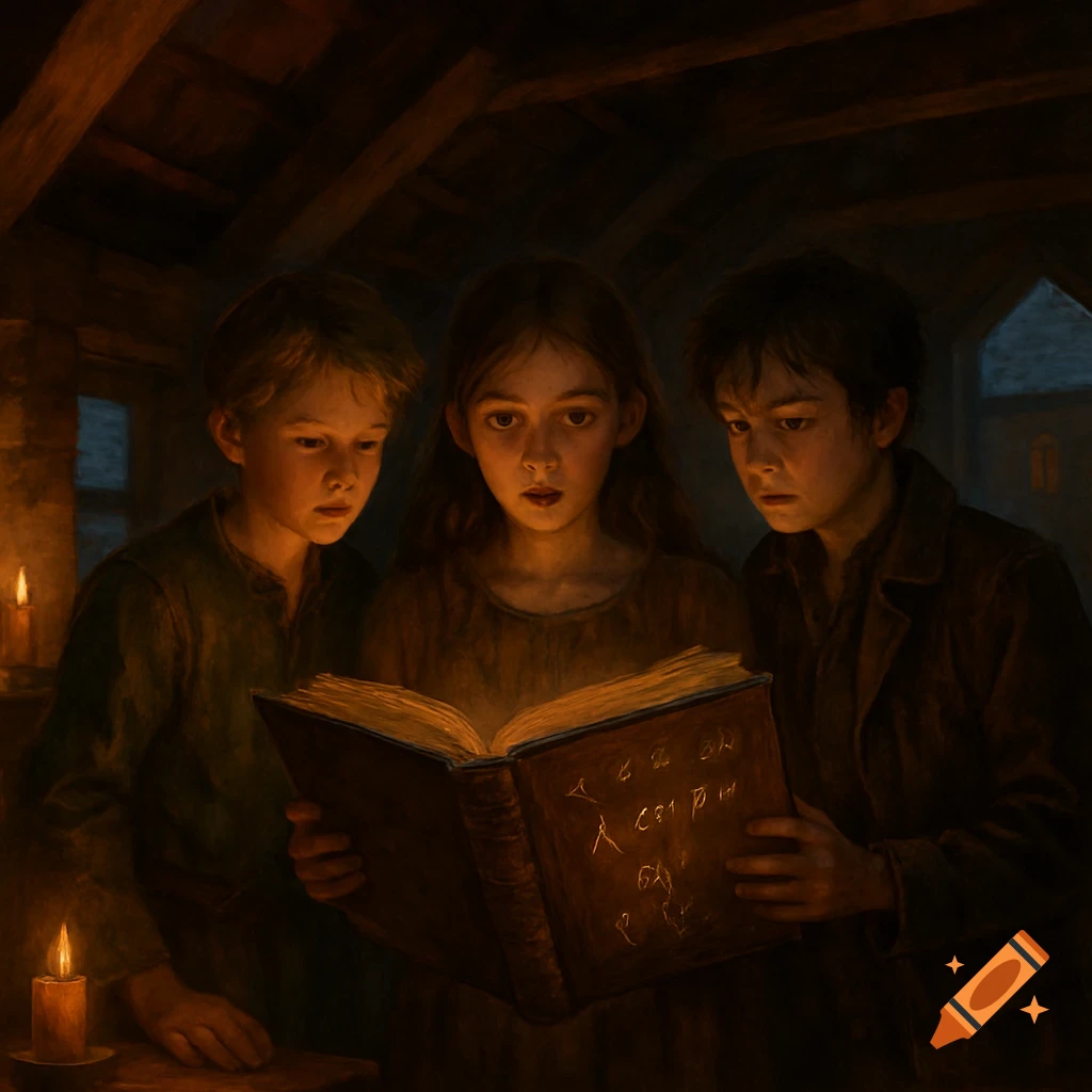 Three children, two boys and a girl, gaze at a glowing, mysterious book in a dimly lit, rustic room by candlelight.