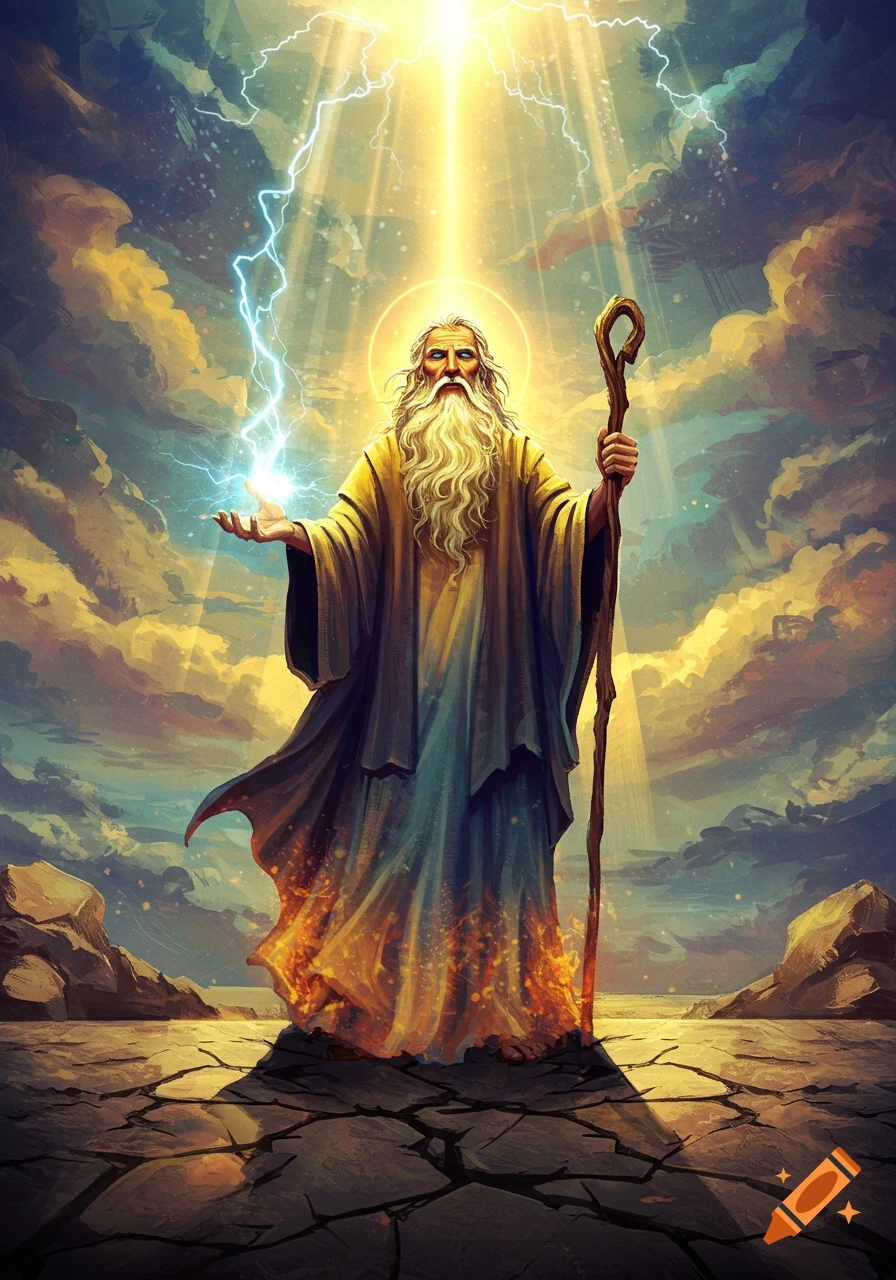 A powerful wizard or prophet with a long beard and staff stands on cracked earth, emanating light and lightning under a dramatic, glowing sky.