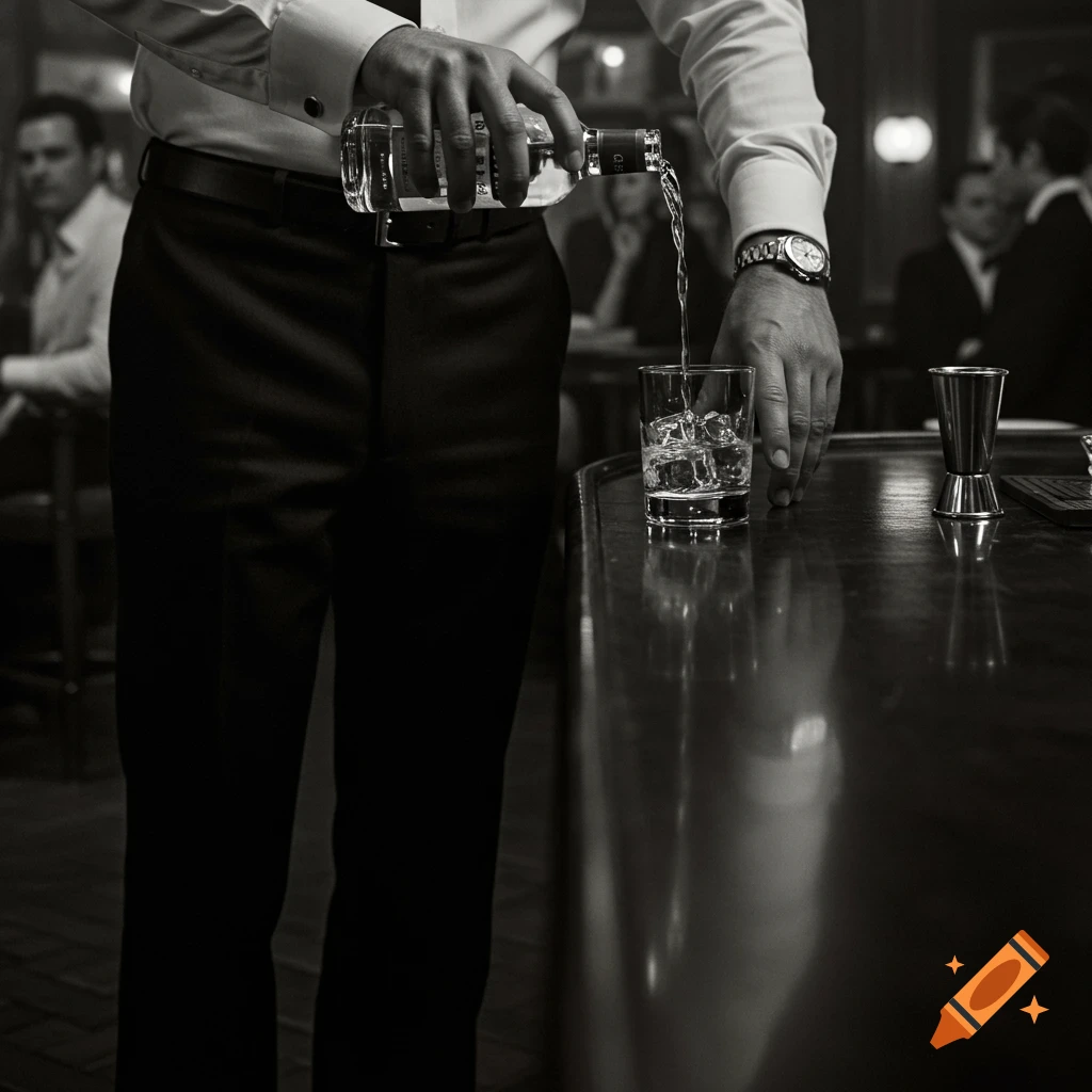 A man in a white shirt and black trousers pours a drink from a bottle into a glass with ice at a bar in a black and white, cinematic style.