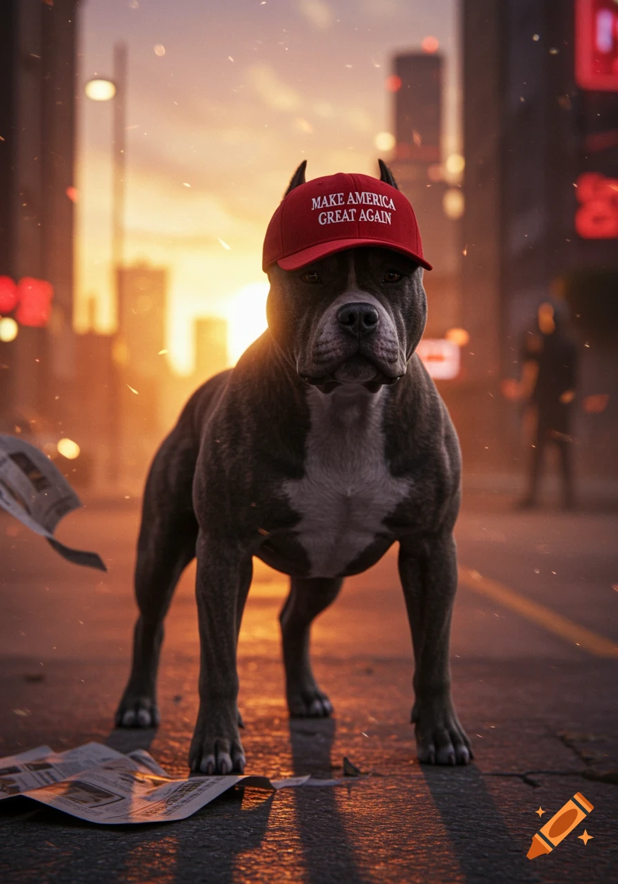 A muscular pit bull dog wearing a red 'MAKE AMERICA GREAT AGAIN' baseball cap stands on a city street at sunset.