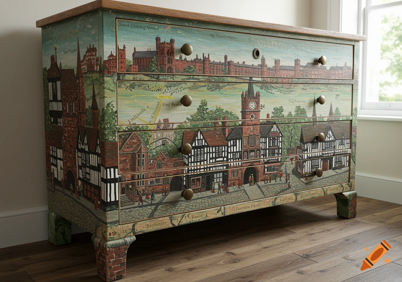 A vintage chest of drawers intricately painted with a detailed cityscape and map of Chester.