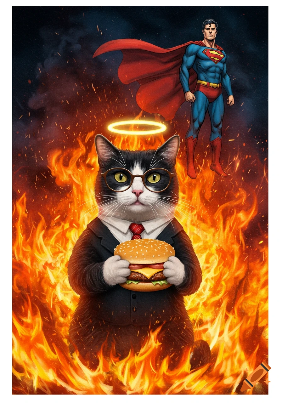 A tuxedo cat wearing glasses and a halo holds a hamburger, surrounded by flames, with Superman in the background.