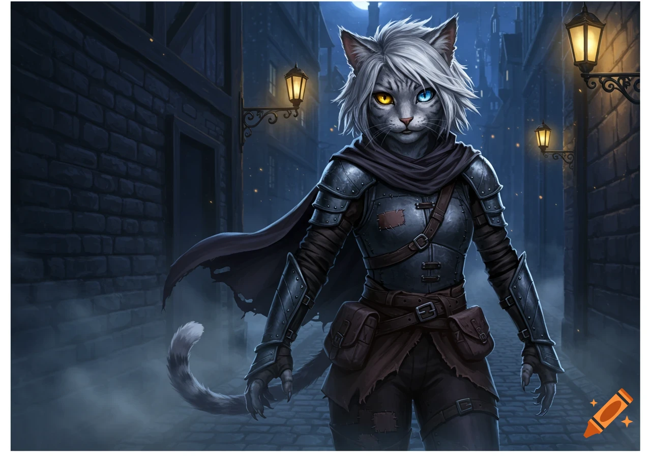 A grey-furred cat-like warrior with one yellow and one blue eye, in dark armor and cloak, stands on a cobblestone street at night.
