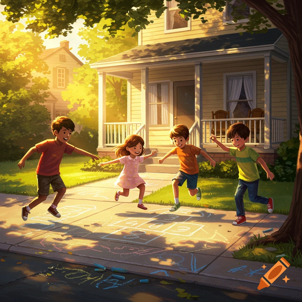 Children playing hopscotch on a sunlit sidewalk in front of a house, in an illustrative style.