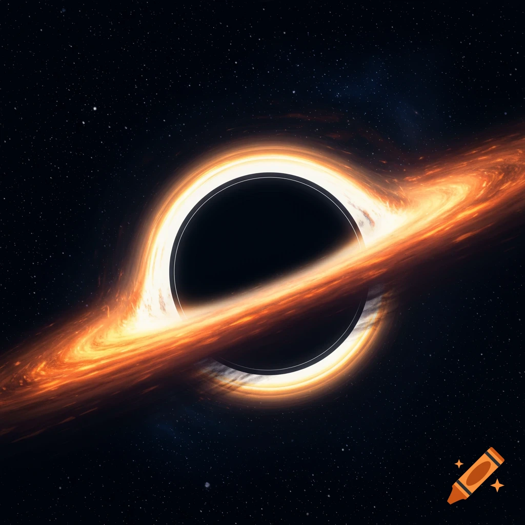 A vibrant orange and yellow accretion disk orbits a black hole against a dark, star-filled space background.