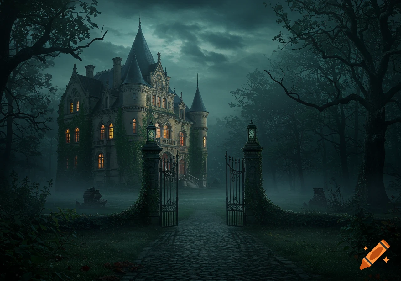 A dark, mysterious Art Nouveau château at dusk, with glowing windows, surrounded by a misty forest, viewed through ornate open gates.