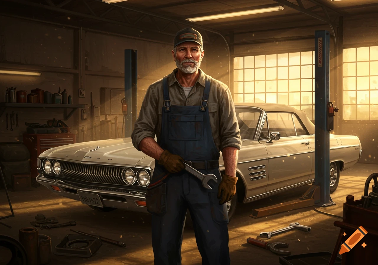 An older mechanic with a beard and baseball cap, wearing overalls and holding a wrench, stands in a warmly lit garage with a classic silver car behind him.