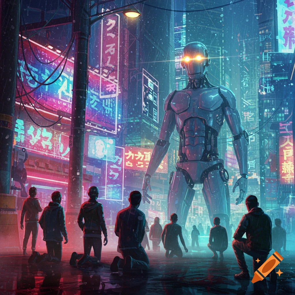 People kneel before a giant robot in a vibrant, neon-lit cyberpunk city at night.