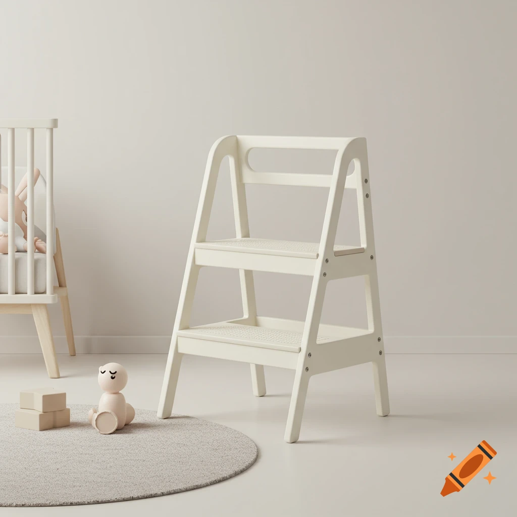 A minimalist ivory step stool in a neutral-toned children's room with a crib, a teddy bear toy, and wooden blocks on a round rug.