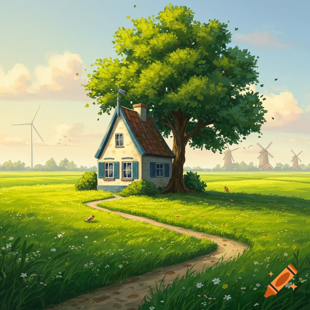 A cartoon-style house under a large tree in a green field with windmills and a wind turbine in the distance.