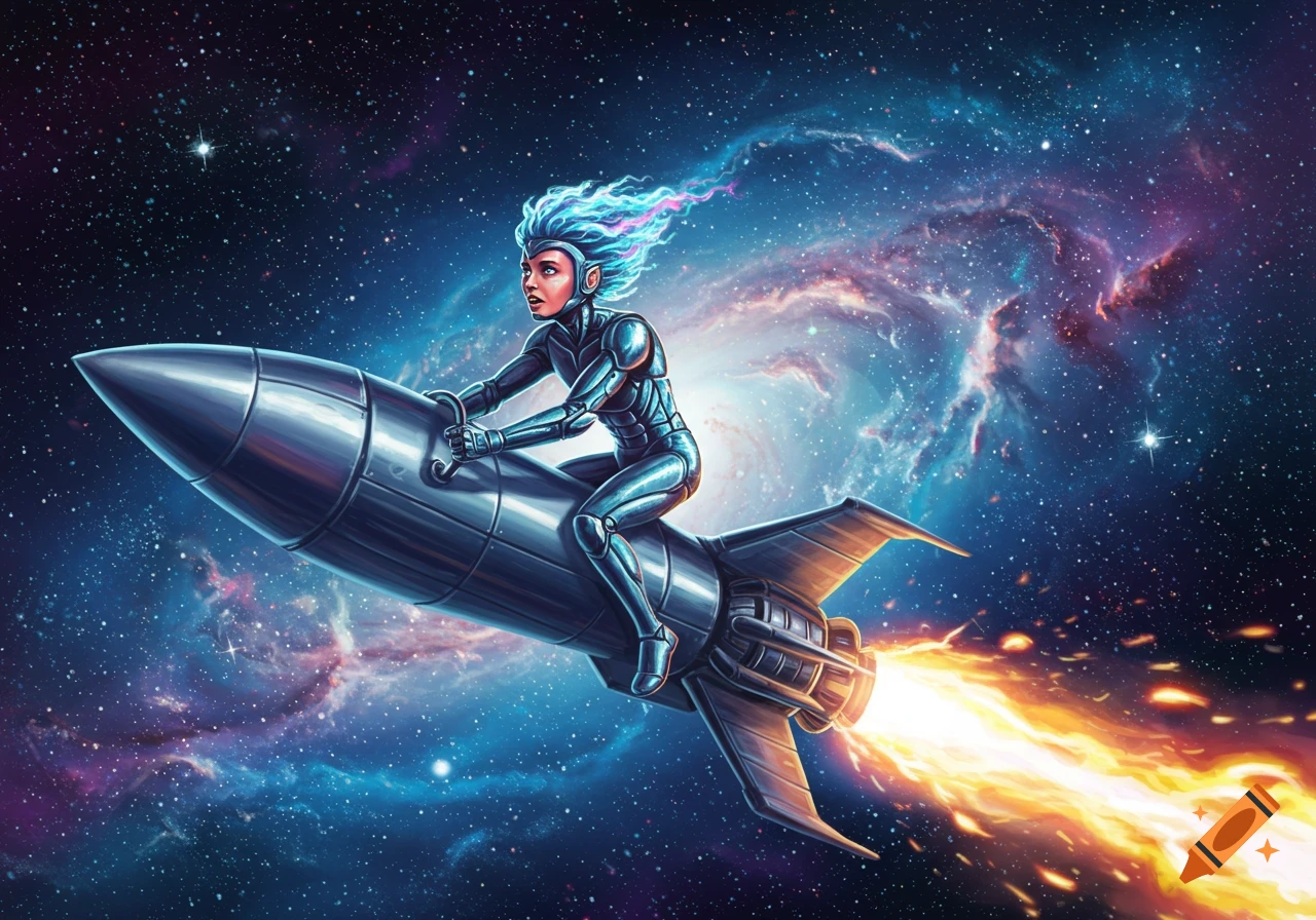 A stylized person with blue hair rides a silver rocket ship through a colorful, starry galaxy.