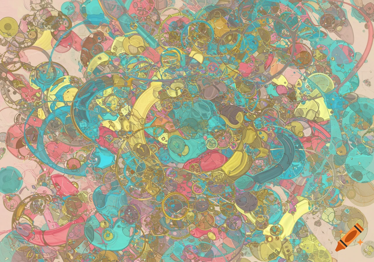 A colorful abstract composition with interlocking, overlapping shapes in shades of teal, pink, yellow, and brown, resembling gears or organic forms.