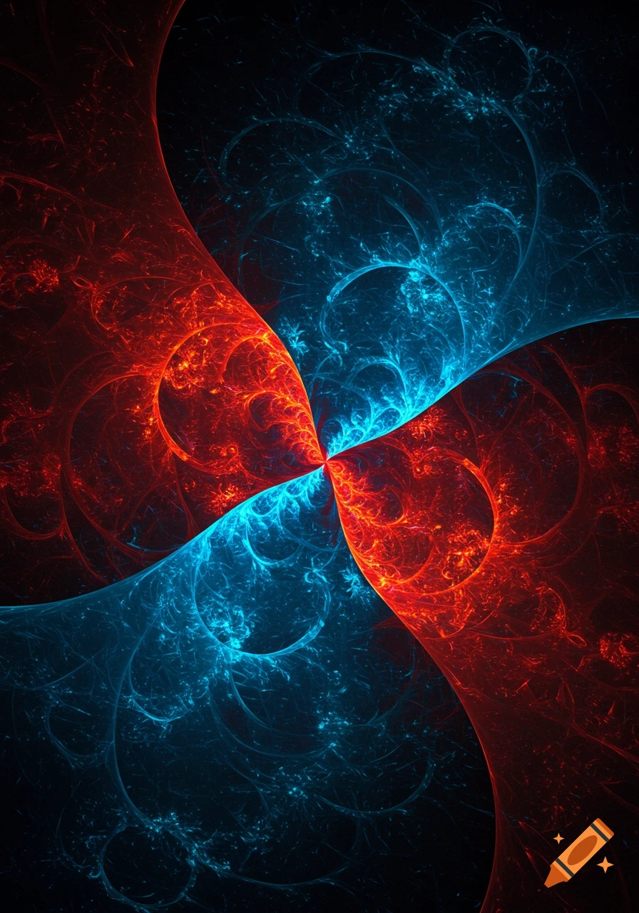 Vibrant red and blue abstract fractal intertwining pattern.