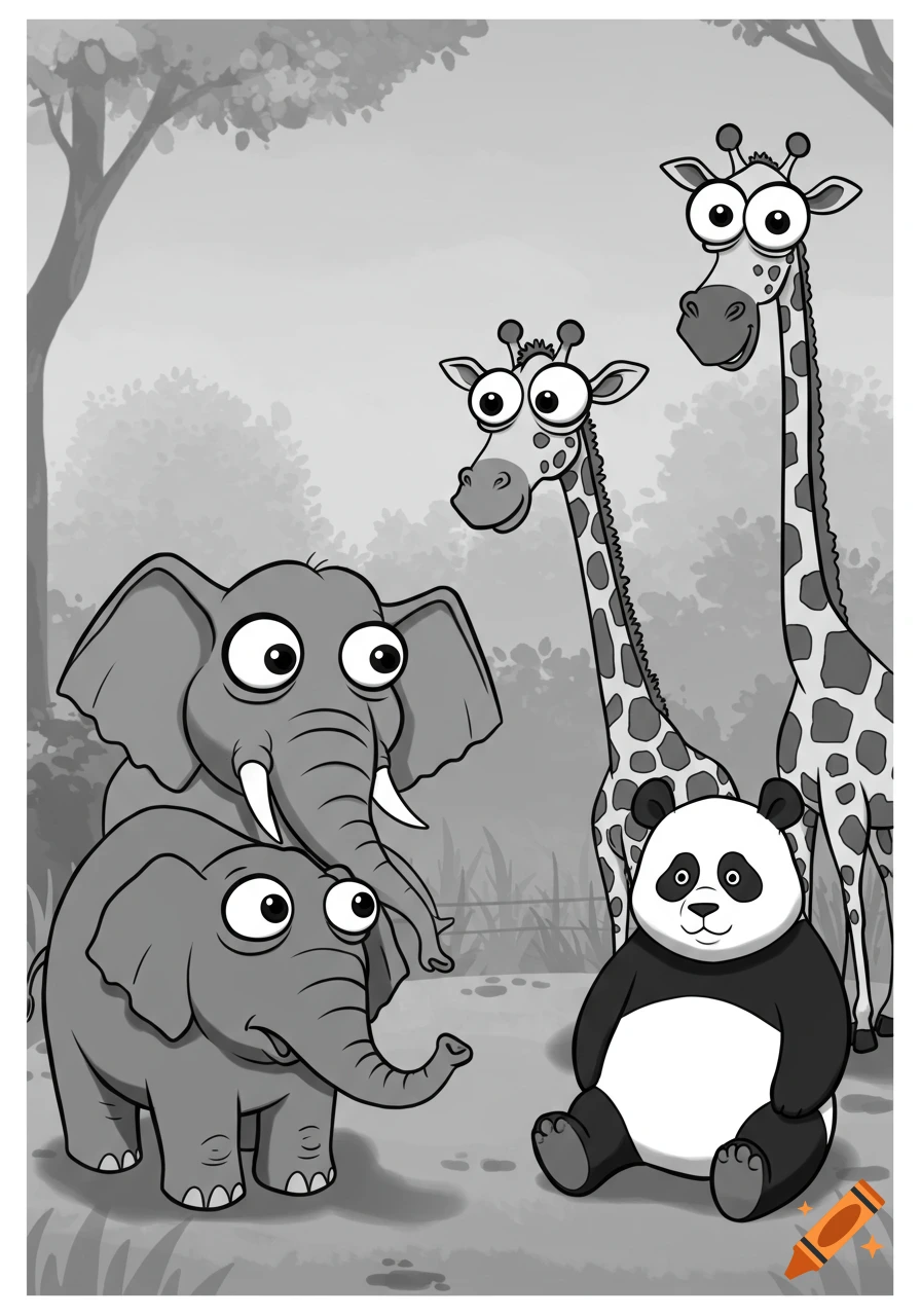 Whimsical black and white illustration of two elephants, two giraffes, and a panda with bulging eyes in a zoo-like setting.