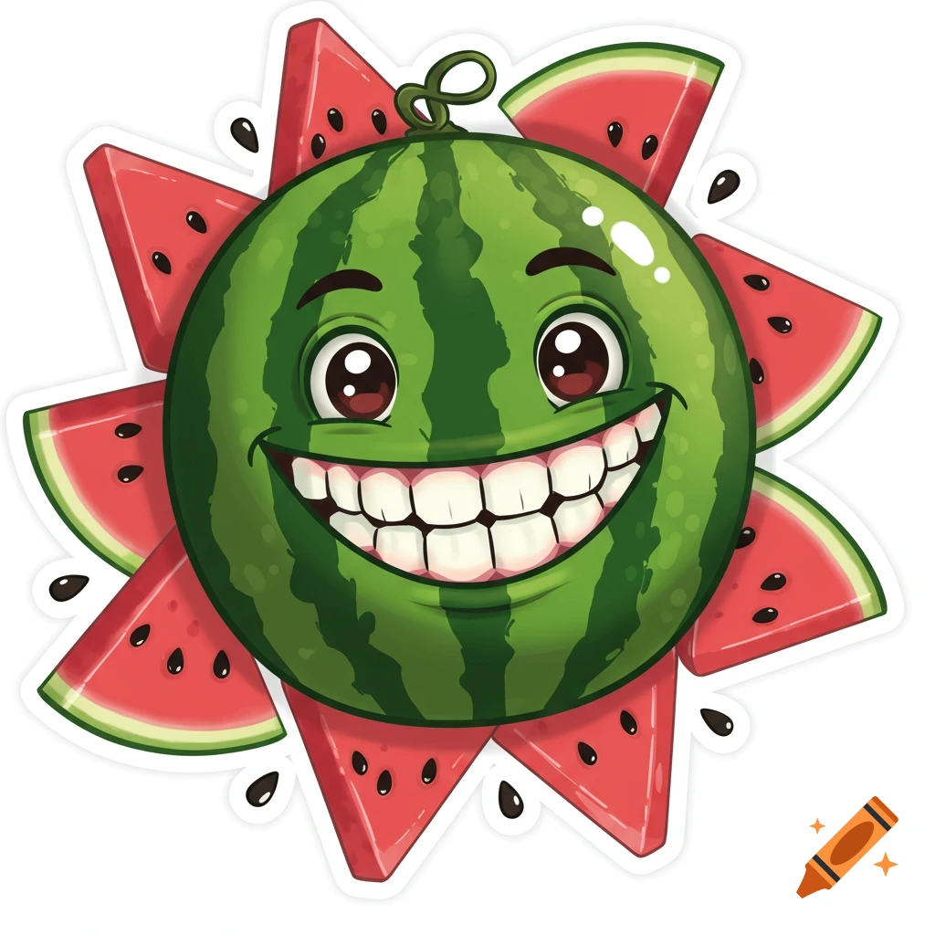 Cartoon watermelon with a big happy smile and large teeth, surrounded by watermelon slices and seeds, in a clean sticker design.