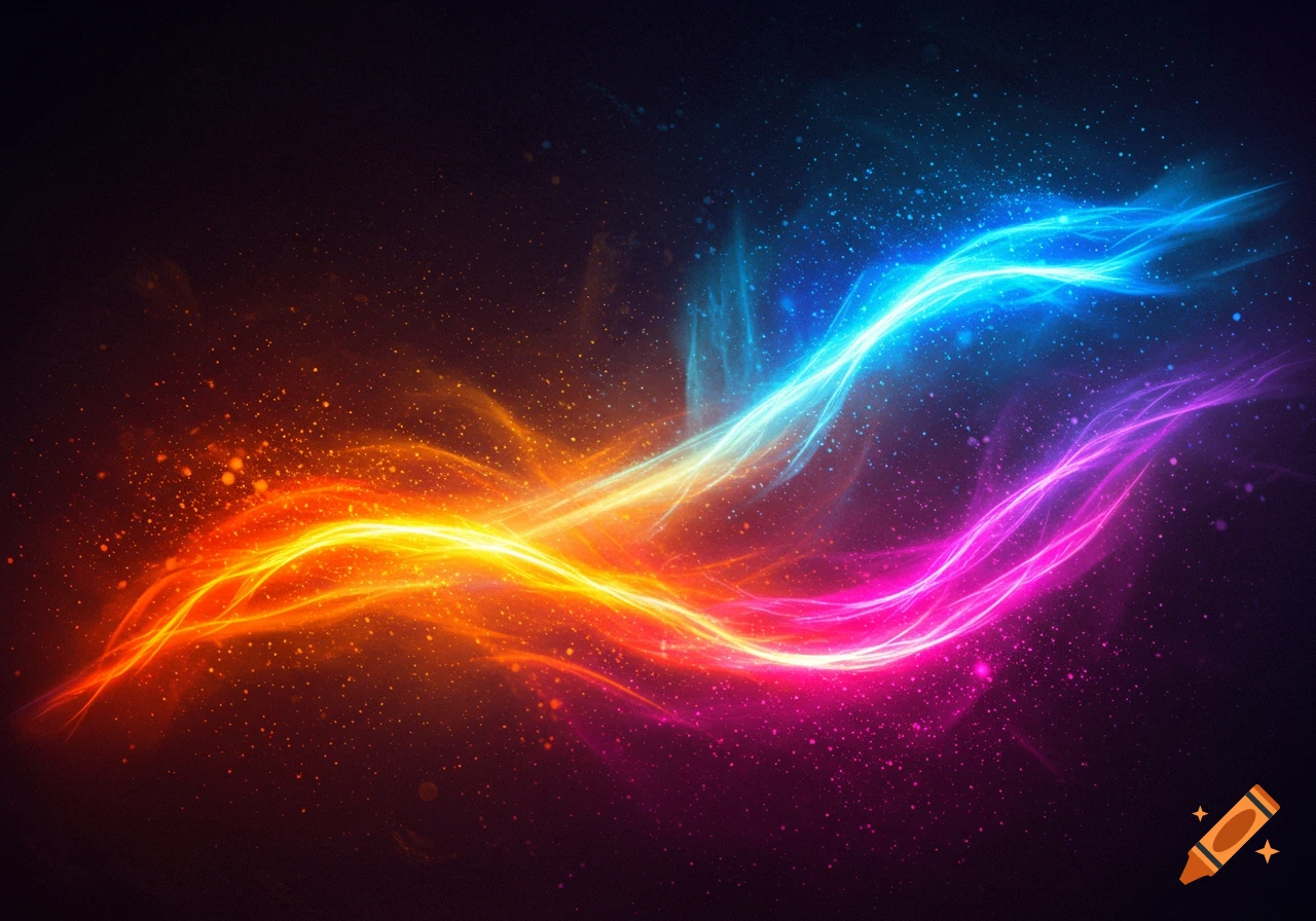 A vibrant abstract wave of glowing orange, yellow, blue, and purple light against a dark, starry background.