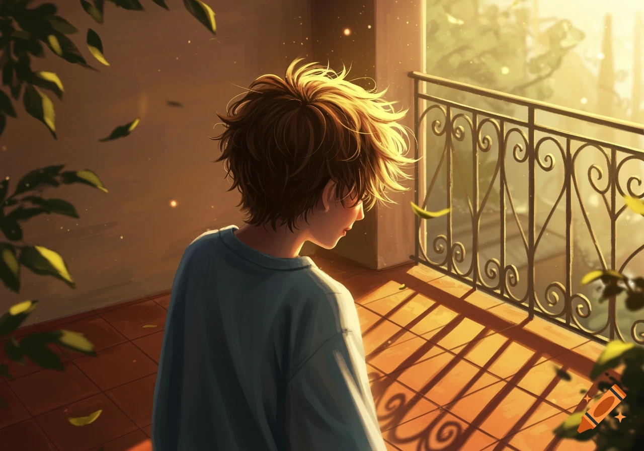 An anime illustration of a person seen from behind, looking down on a balcony bathed in warm, golden sunset light.