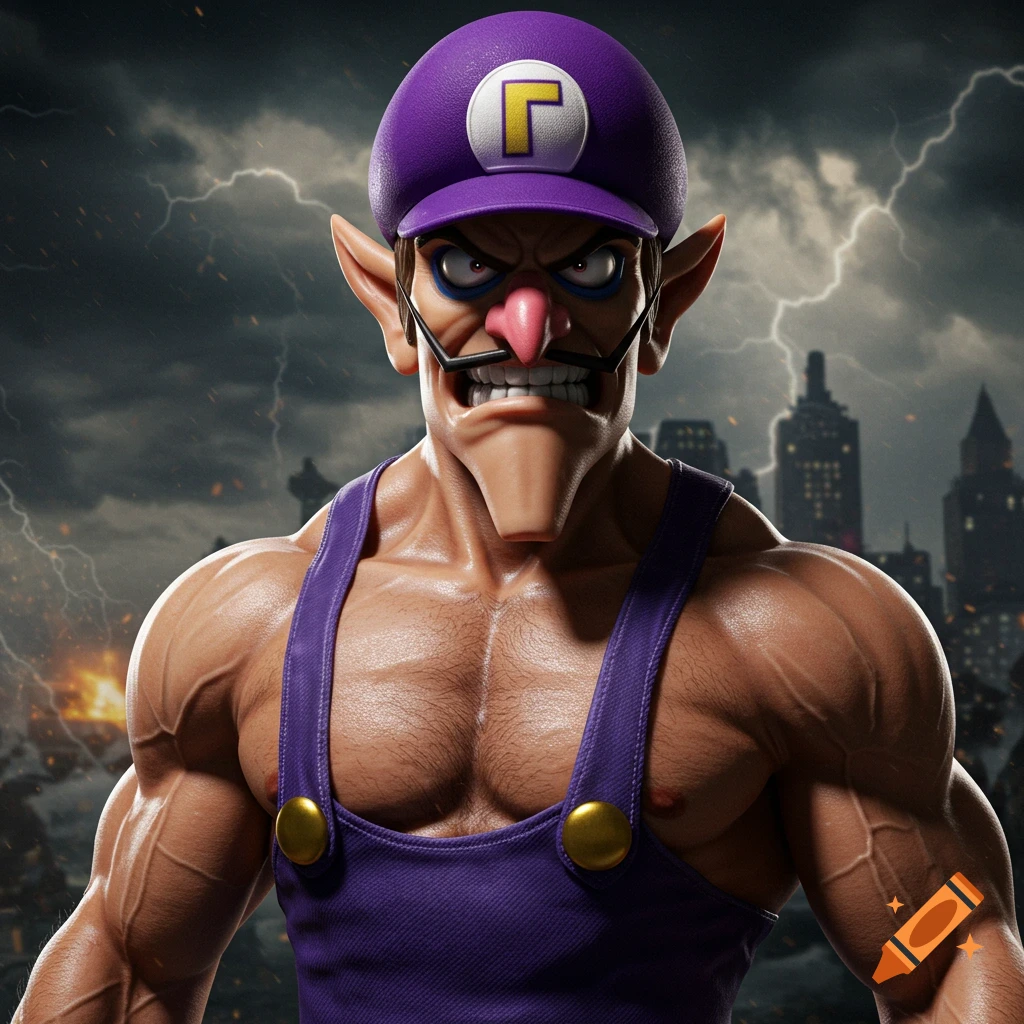 Hyper-realistic, muscular Waluigi with a purple cap and overalls, glaring intensely in a dramatic lightning-filled cityscape.
