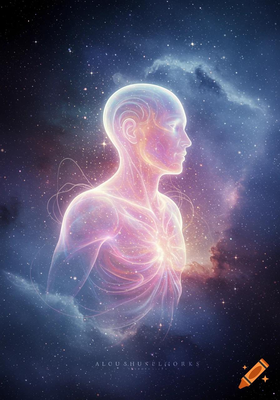 A glowing, ethereal human figure made of light and stars, set against a vibrant galaxy background.