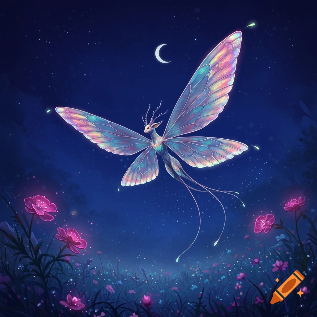A magical iridescent moth-like deer creature with antlers flies in a starry night sky above glowing pink flowers.