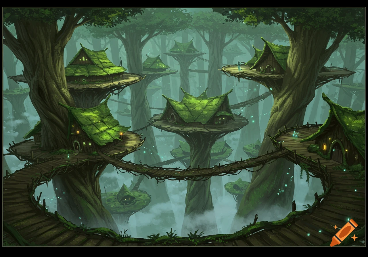 An ethereal fantasy illustration of an elven tree village with green-roofed houses connected by wooden bridges high in a misty forest.