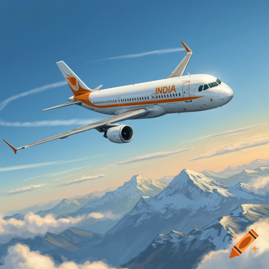 An illustrative white and orange airplane with 'INDIA' on its side, flying above snow-capped mountains and clouds at sunset.