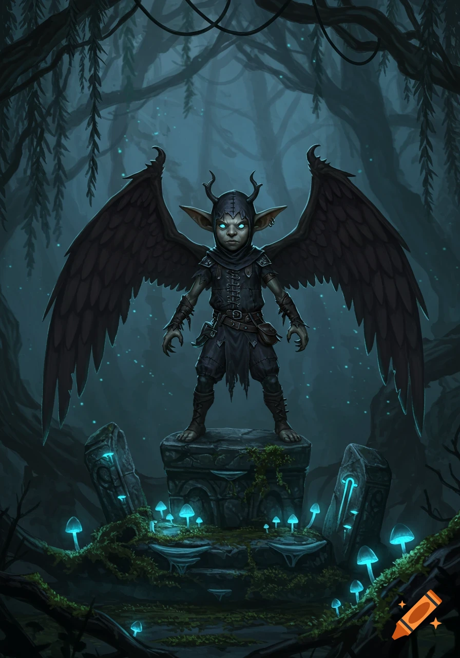 A dark fantasy illustration of a winged, horned goblin creature with glowing blue eyes standing on a stone pedestal in a moonlit forest with glowing blue mushrooms.