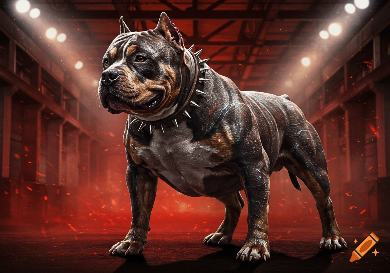 A powerful American bully dog with a spiked collar stands in a dramatic red-lit industrial setting.