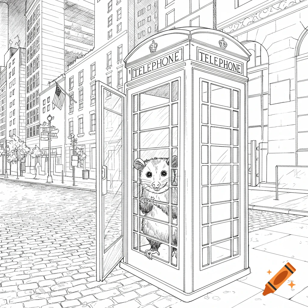 A line drawing of a possum peeking out from inside a phone booth on a city street.