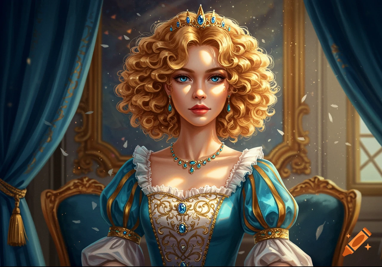 A beautiful princess with curly blond hair and blue eyes, wearing a blue and white gown and a tiara, in a regal room.