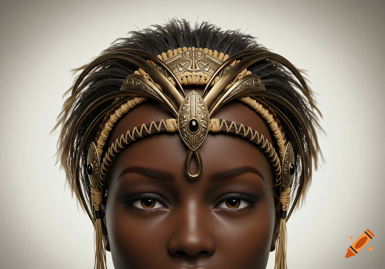 Close-up portrait of a person wearing an ornate golden and woven headdress with feather-like elements.