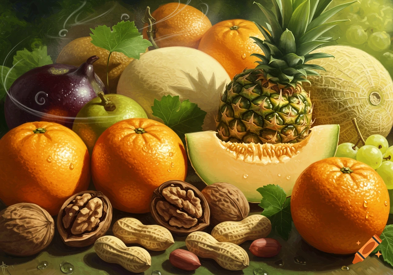 A detailed still life digital painting of various fruits and nuts, including oranges, a pineapple, a sliced melon, grapes, walnuts, and peanuts.