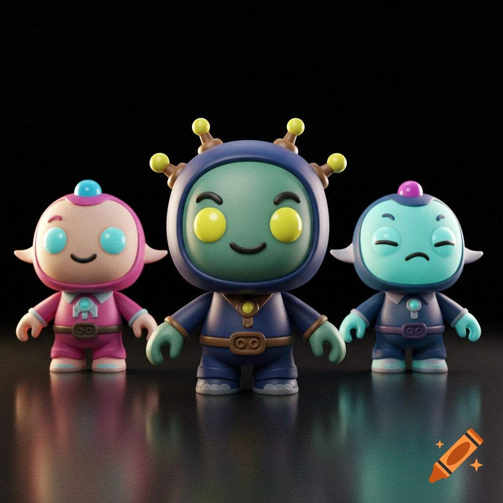 Three stylized, colorful alien-like toy figures standing in a row on a reflective surface against a black background.