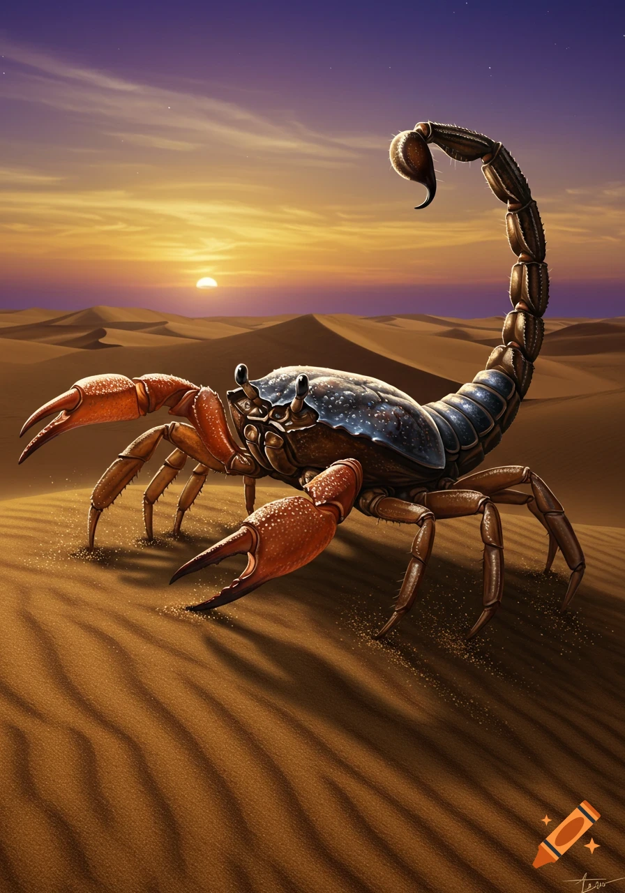 A detailed illustration of a crab-scorpion hybrid creature standing on sand dunes at sunset.
