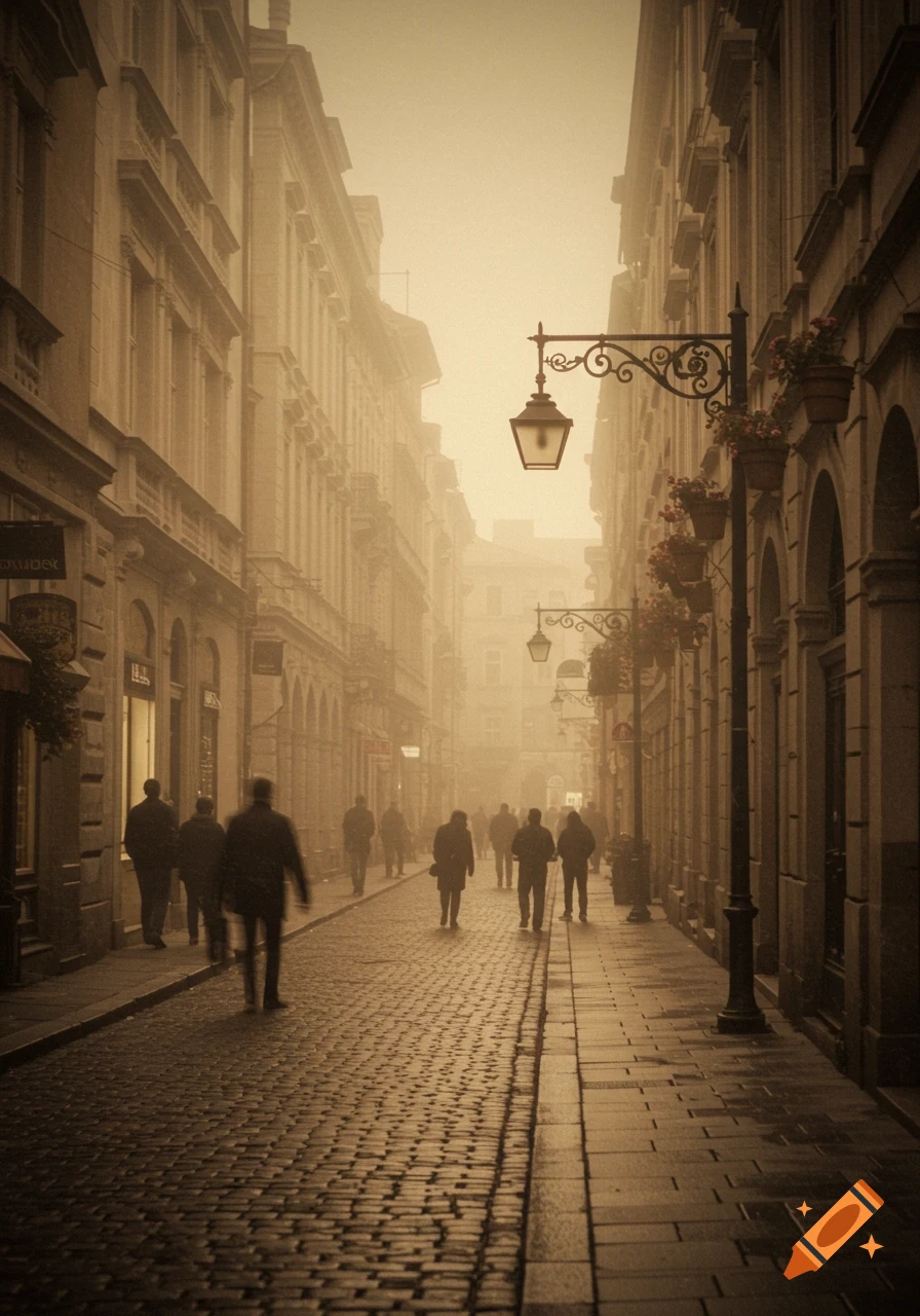 A foggy, sepia-toned street scene with blurred figures walking on a cobblestone road lined with old buildings and lampposts.