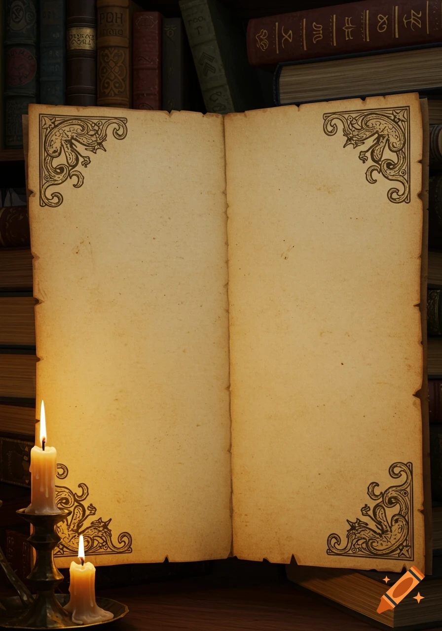 An old, open book with empty, aged pages and ornate corner designs, illuminated by two burning candles, set against a backdrop of bookshelves.