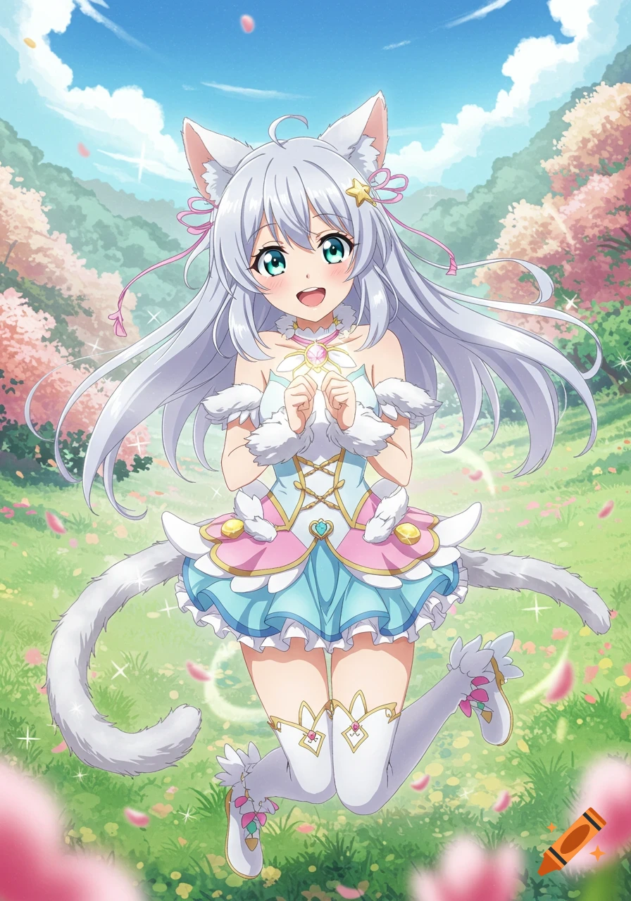 A happy anime girl with long silver hair, cat ears, and a tail, wearing a light blue and pink magical outfit, stands in a vibrant green forest with pink petals falling.