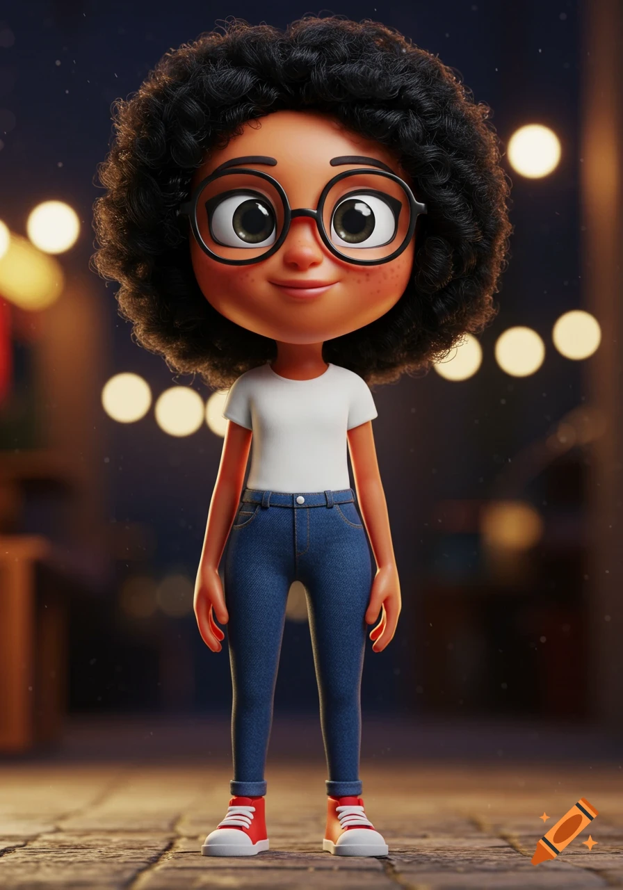 Pixar-style 3D cartoon lady with curly black hair, round glasses, white t-shirt, blue jeans, and red sneakers, standing outdoors.